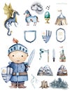 The brave cute little knight and the castle. Adventure collection. Hand drawn watercolor cartoon set for kid greeting