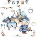 The brave cute little knight and the castle on the back with flowers. Hand drawn watercolor cartoon set for kid greeting card