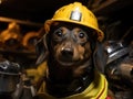 Brave dachshund firefighter ready for action
