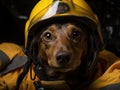 Brave dachshund firefighter ready for action