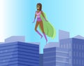 Brave female superhero save world and flies over buildings in city. Strong superwoman in big town