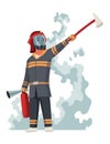 Brave firefighter in action. Man from fire brigade, standing full face in form of fireman, with personal protective Royalty Free Stock Photo