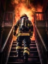 A brave firefighter climbs a ladder in a smoke-filled house or dwelling to the rescue of survivors. Generative ai