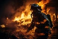 Brave firefighter extinguishing house fire, water gushing out from hose during intense action scene