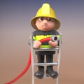 Brave firefighter fireman character in high visibility clothing standing on a ladder and aiming a fire hose at a blaze, 3d