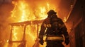 Brave Firefighter in front of a burning house at dusk. Brave firefighter combatting a fierce house fire. Concept of