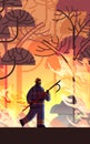 Brave firefighter holding scrap extinguishing dangerous wildfire fireman fighting with bush fire firefighting natural