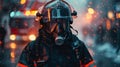 Brave firefighter in mask with sparks flying and emergency vehicle lights in blurred background. Fireman ready for duty Royalty Free Stock Photo