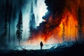 Brave firefighter stands in front of a huge forest fire