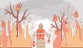 Firefighter extinguishes forest fire vector cartoon outline illustration. Fireman in the burning forest put out fire.