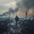 Brave Firefighter Using Hose to Extinguish Flames in a Charred Forest After Devastating Fire Royalty Free Stock Photo
