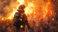 A brave firefighter walks through the field of a raging fire. The fire is spreading fast. The scene is tense and dangerous