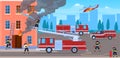 Brave firefighters extinguishing fire in house vector illustration. Team firemans working together Royalty Free Stock Photo