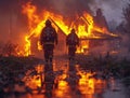 Brave firefighters at work trying to put out a fire