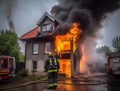 Brave firefighters at work trying to put out a fire