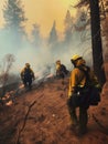 Brave firefighters working with fire in forest. Team of professional fireman helping nature. Generative AI Royalty Free Stock Photo