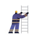 Brave fireman climbing ladder firefighter wearing uniform and helmet firefighting emergency service extinguishing fire