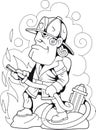 Brave fireman fighting fire, coloring book, funny illustration