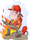 Brave fireman fighting strong fire, funny illustration