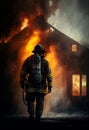Brave fireman in front of a burning house. AI generated