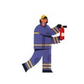 Brave fireman holding extinguisher firefighter wearing uniform and helmet firefighting emergency service concept flat