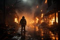 Brave fireman hoses down scorched dwelling, water subduing the smoldering aftermath