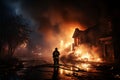 Brave fireman hoses down scorched dwelling, water subduing the smoldering aftermath
