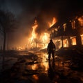 Brave fireman hoses down scorched dwelling, water subduing the smoldering aftermath