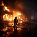 Brave fireman hoses down scorched dwelling, water subduing the smoldering aftermath