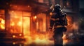 Brave fireman standing in front of a blazing house with space for text, emergency response concept