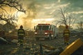 Brave first responders at tornado disaster scene Royalty Free Stock Photo