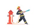 Brave Girl Fireman Spray Water from Hose, Dangerous Profession Concept with Child Use Equipment for Fighting with Blaze