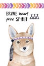 `Brave Heart, Free Spirit` poster design with beautiful phrase, dingo dog portrait, native american feather headband, colorful dec