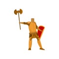 Close-up of heavyset knight stands in yellow armor, holding poleax high over head in one hand and shield in the other. Royalty Free Stock Photo