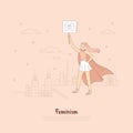 Brave hero, lady superhero in cape holding placard with fist, social protest, gender equality appeal, girl power banner Royalty Free Stock Photo