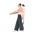 Brave Japanese Warrior Man with Katana and Hakama Vector Illustration