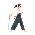 Brave Japanese Warrior Man with Katana and Hakama Vector Illustration