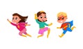 Brave joyful kids wearing colorful superheroes costumes set cartoon vector illustration