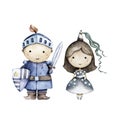 Cute Princess and knight princess. Hand drawn watercolor isolated nursery kid cartoon illustration on white background