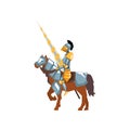 Brave Knight In Shiny Armor With Lance In Hand. Warrior On Horse. Jousting Tournament. Flat Vector Design For Mobile