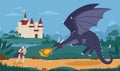 Brave knight or swordsman fighting with dragon against medieval castle on background. Legendary hero struggle against