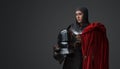 Brave knight woman with red cloak and helmet