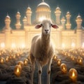 Brave lamb for Eid Al Adha with a majestic mosque in the background, generated by artificial intelligence