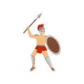 Strong legionary in red loincloth, steel helmet and greave fighting isolated on white background