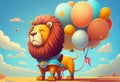 Brave lion with balloons in superhero costume. AI genarated