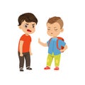 Brave litlle schoolboy with backpack trying to stop the bully who is quarreling vector Illustration on a white
