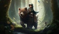 a brave little boy riding a bear on the fantasy forest Royalty Free Stock Photo