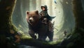 a brave little boy riding a bear on the fantasy forest