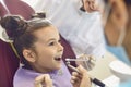 Brave little girl getting tooth cavity from dentist and assistant in dental clinic