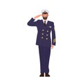 Brave male captain wearing marine crew uniform saluting standing isolated on white background